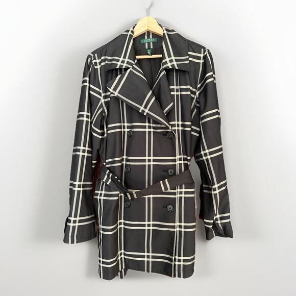 Ralph Lauren Women’s XL Plaid Trench Rain Coat Black Belted Double Breasted - Picture 1 of 3